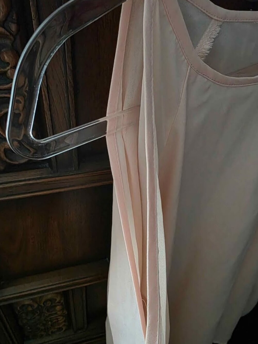 Light Peach Sheer Blouse Top, Open Shoulder, Elastic Sleeve. - Picture 3 of 7